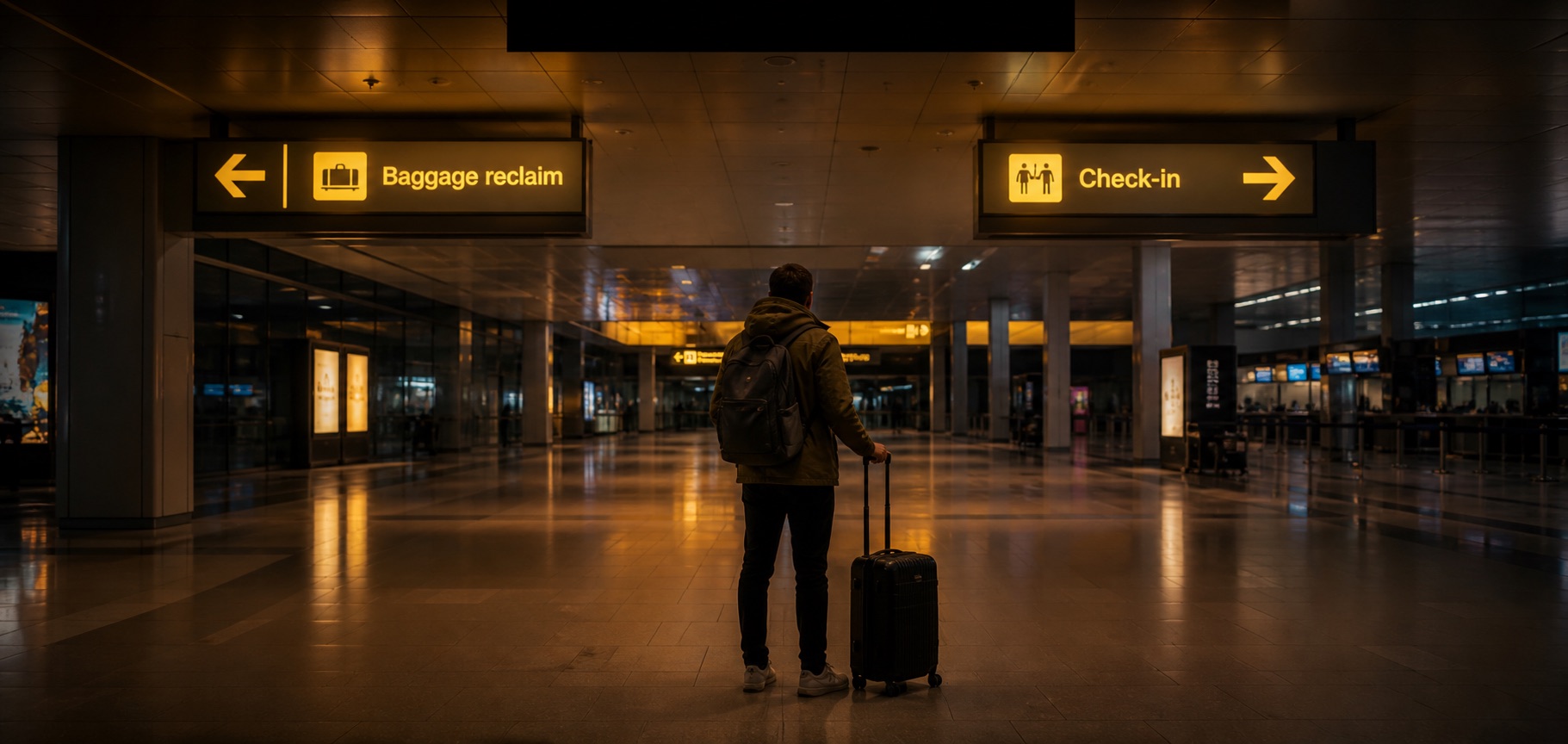 Traveler choosing between baggage reclaim and check-in routes