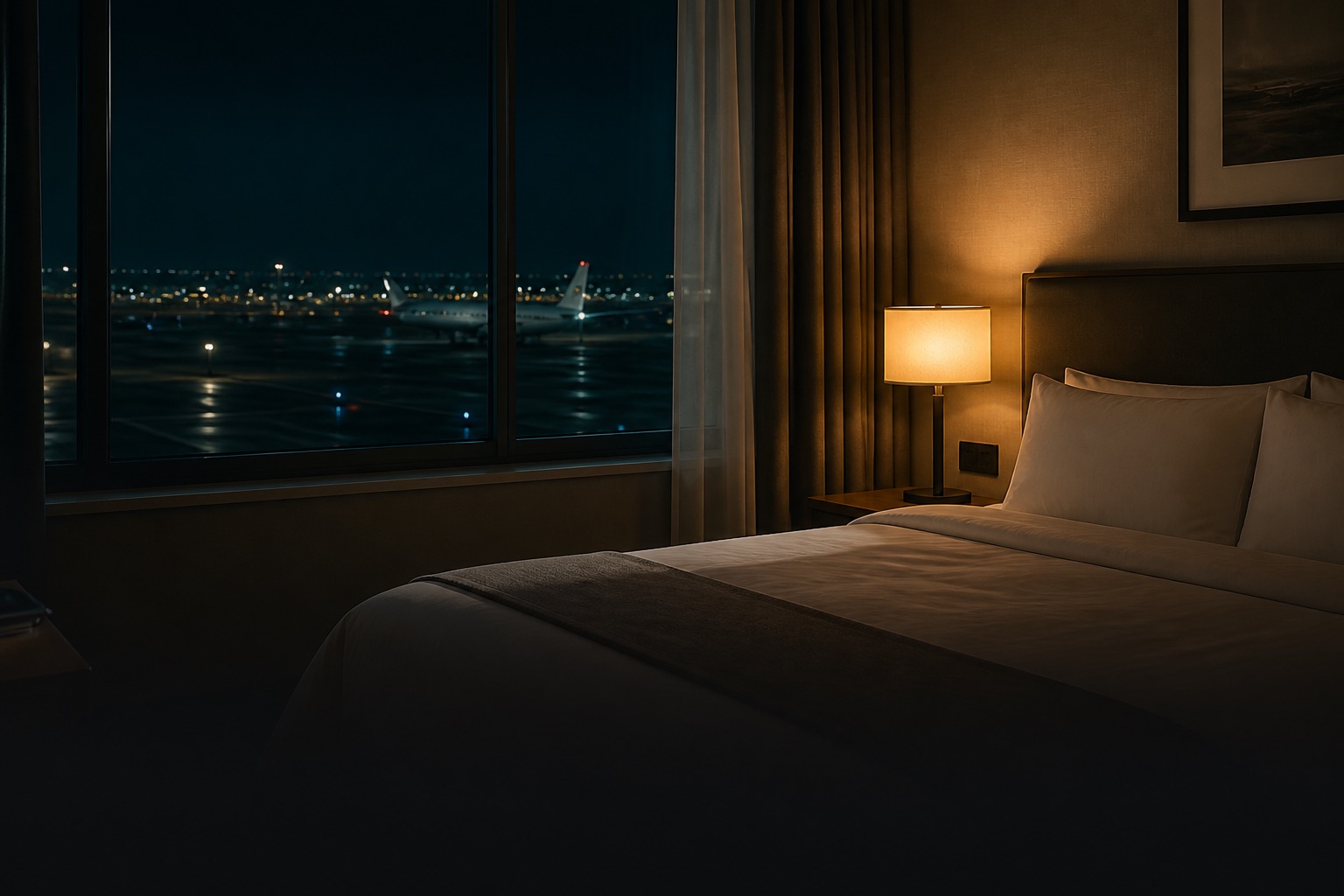 Airport hotel room overlooking a nighttime runway