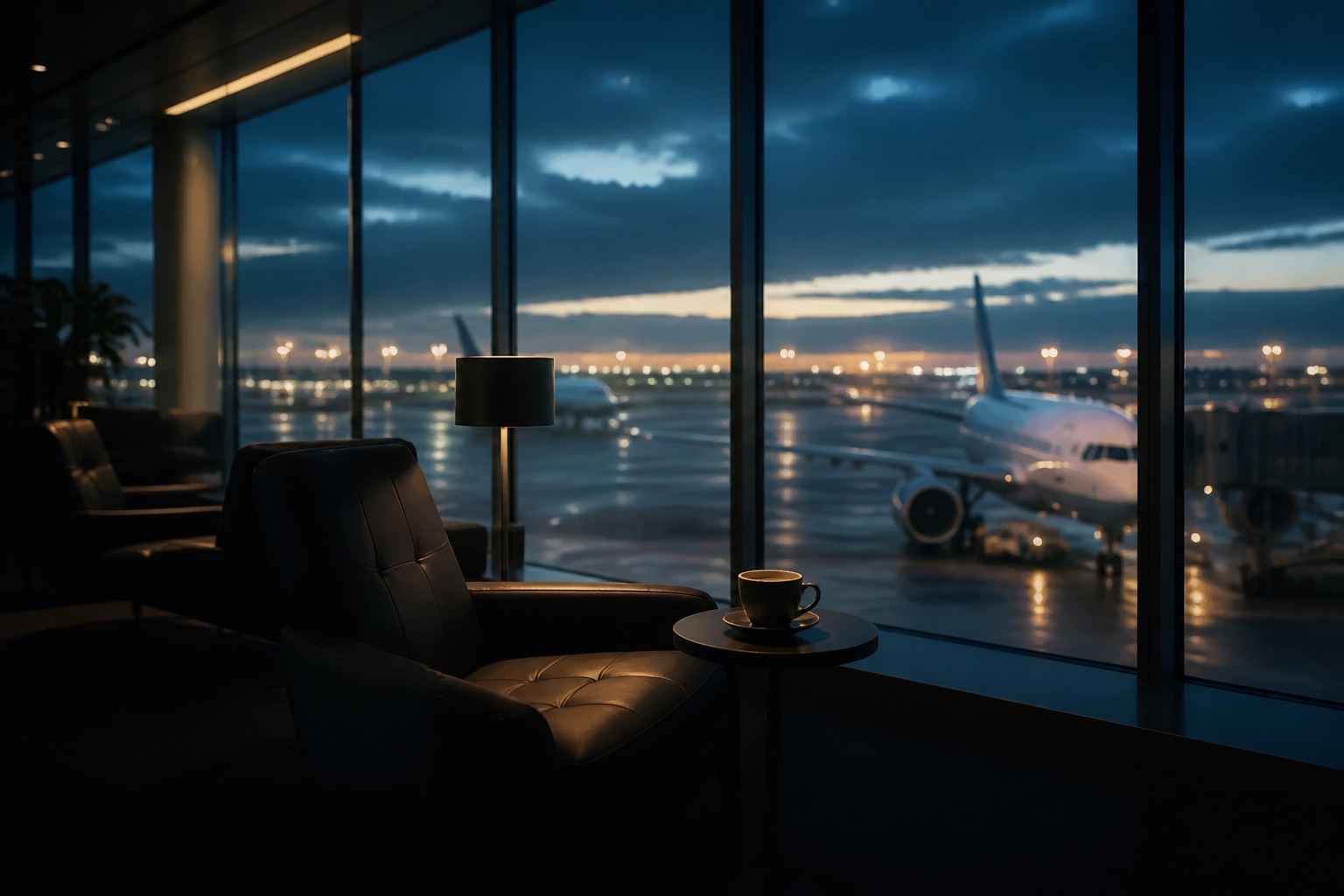 Quiet airport lounge overlooking aircraft at night